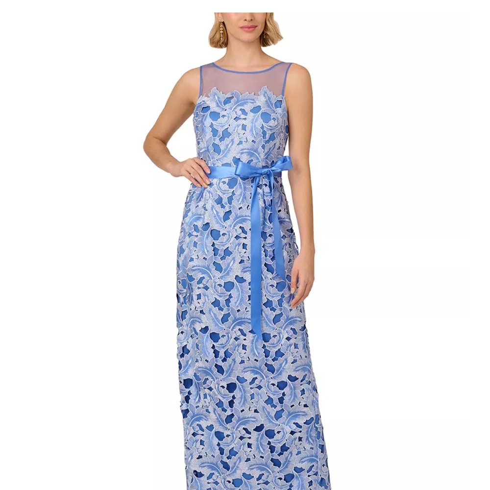 Light Blue Floral Lace Maxi Dress with Satin Waist Tie in periwinkle